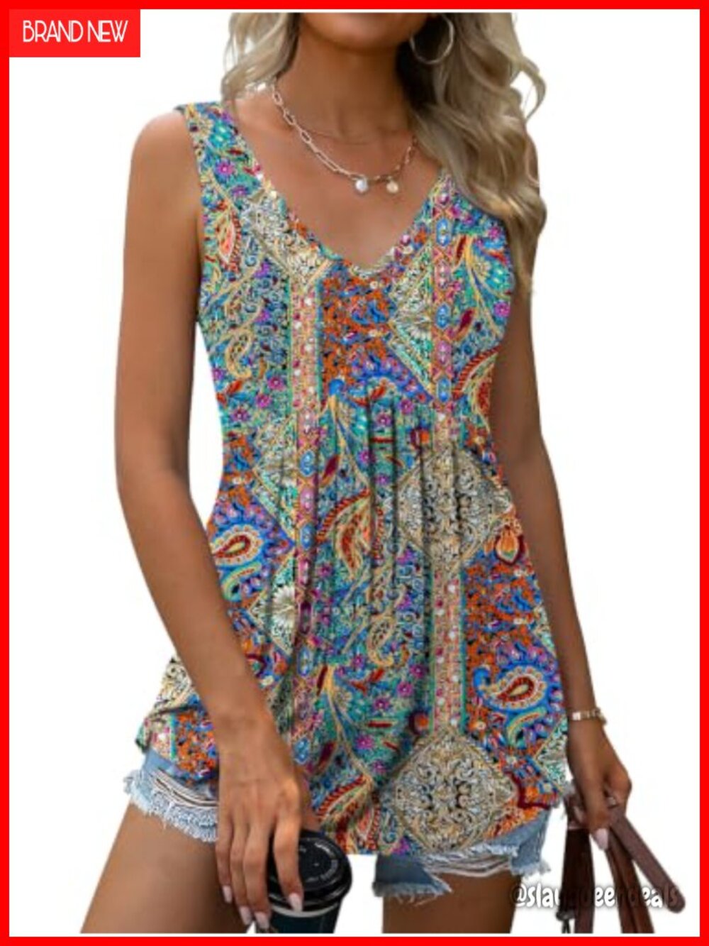 Womens Floral V Neck Tank Top Sleeveless Loose Flowy Summer Blouse